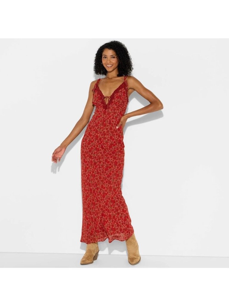 Nwt Women's M Lace Trim Maxi Empire Waist Dress - Wild Fable Floral Msrp $40